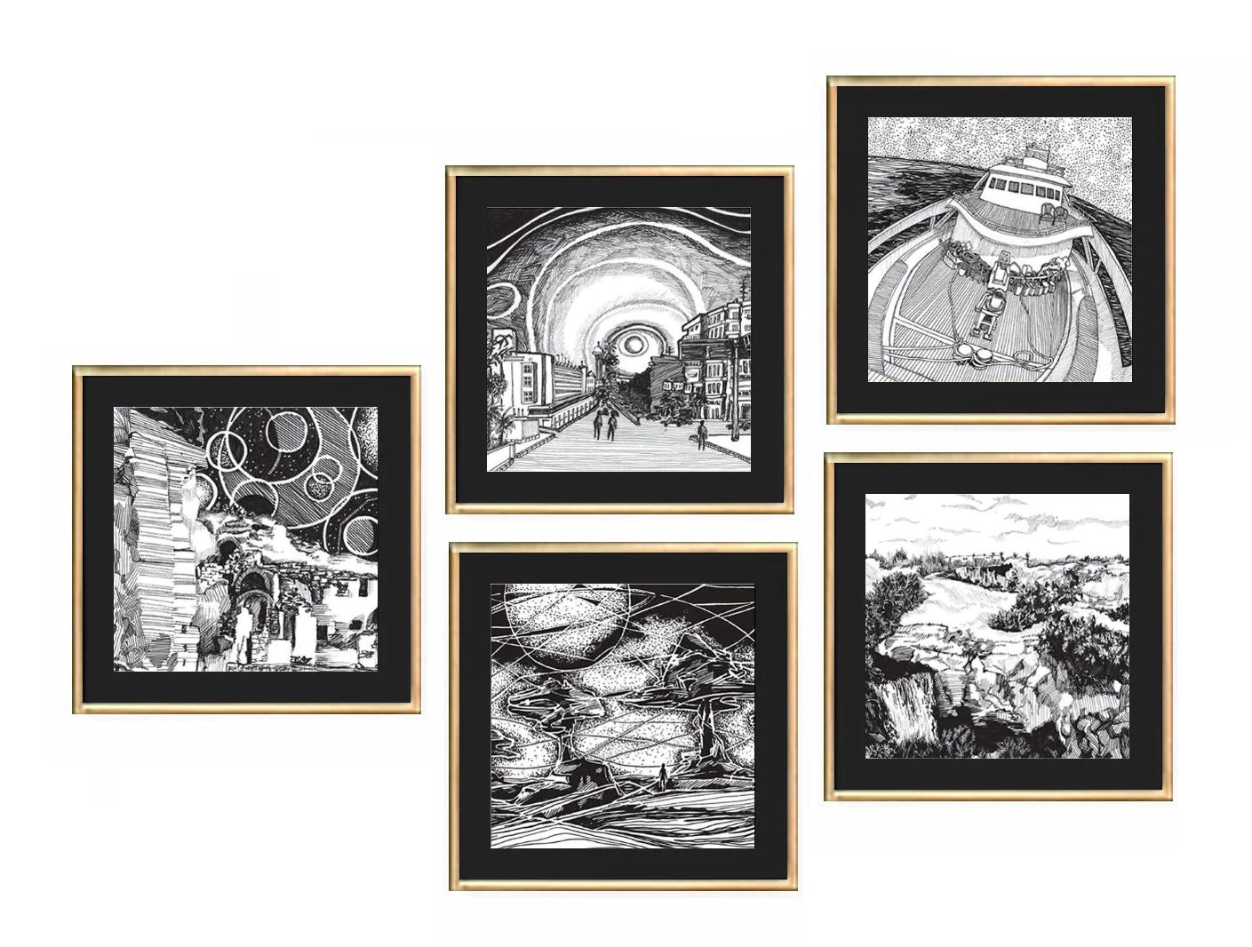 Darwisha Set of 5 Egypt Paintings with Custom Gold Frames 0