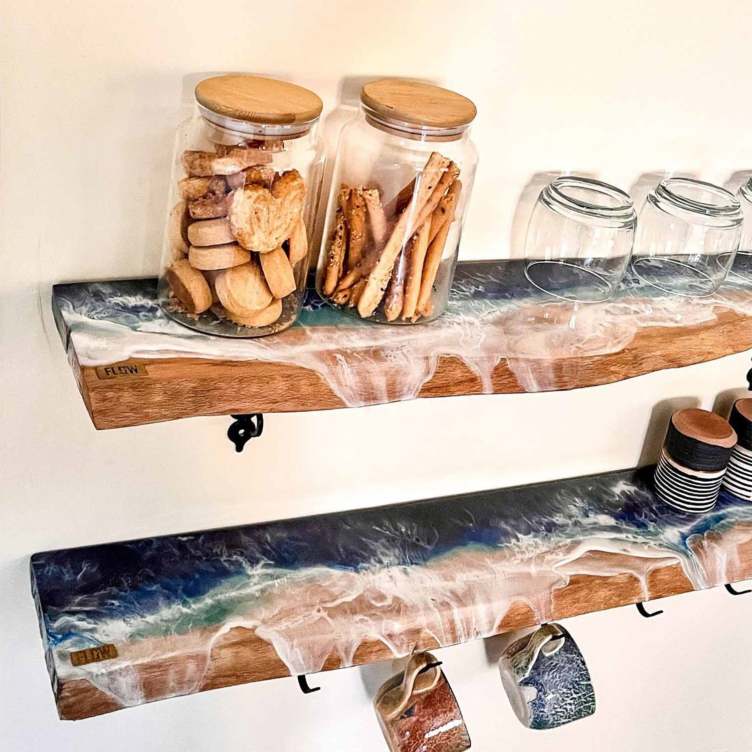 Epoxy on Beech Wood Coffee Corner Shelf Set of Two With Mug Hooks 1
