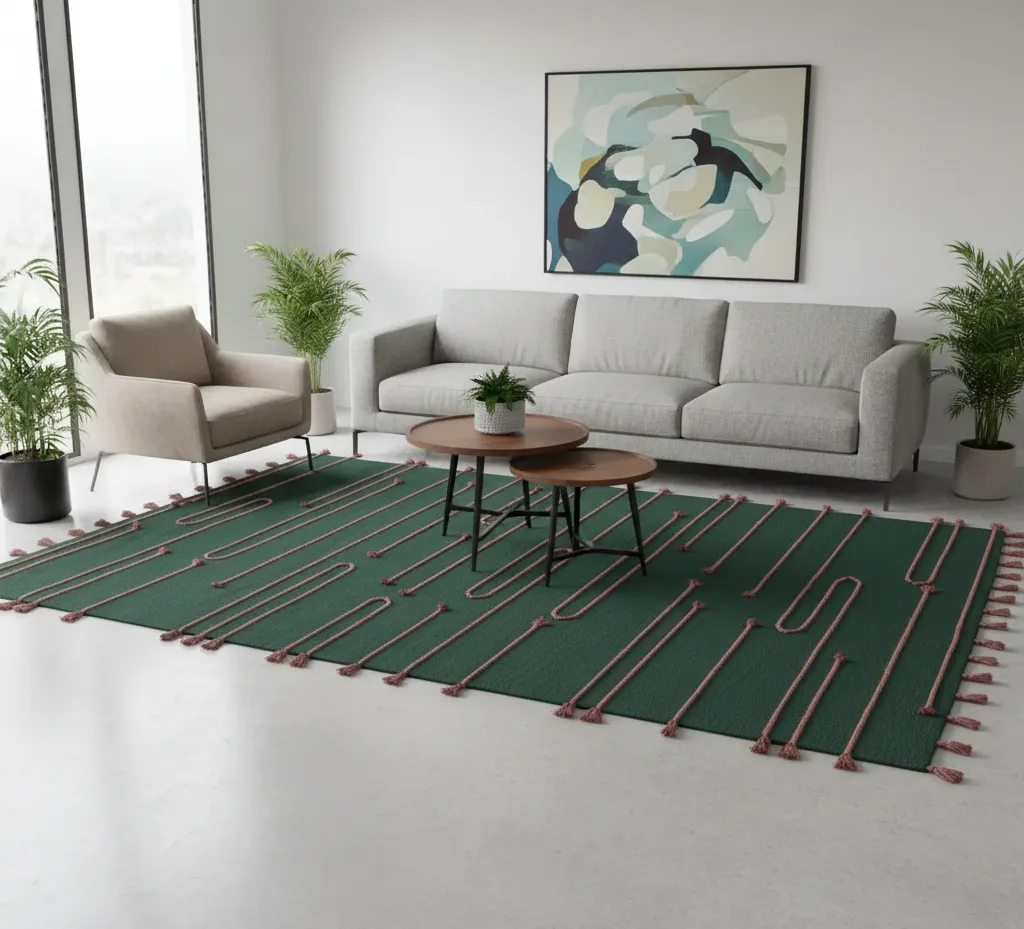 Emerald Green Handwoven Rug with Red Accent Detailing – Modern Minimalist Design 3