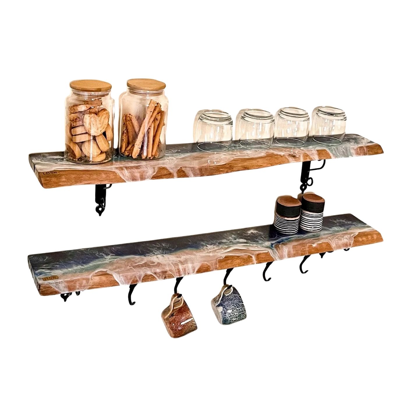 Epoxy on Beech Wood Coffee Corner Shelf Set of Two With Mug Hooks 0