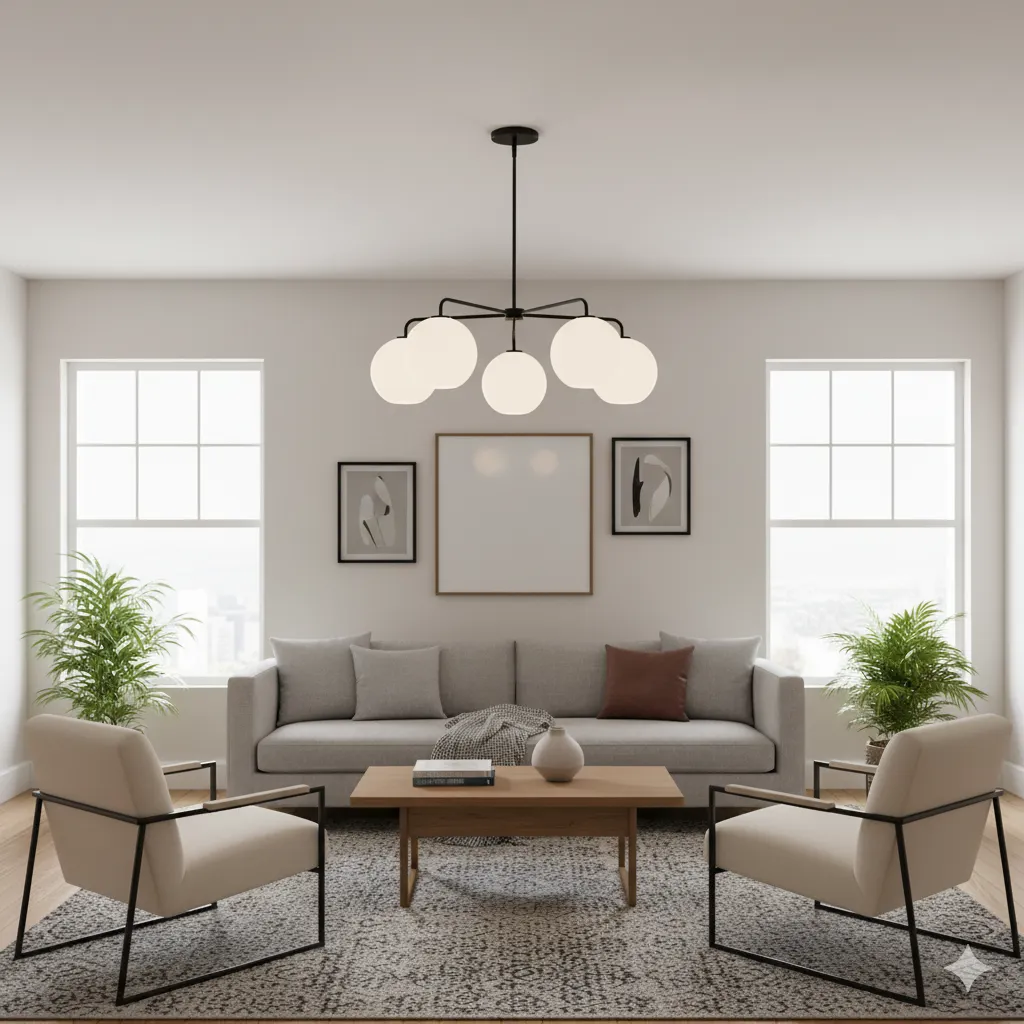 Modern Ceiling Lamp With 5 Opal Glass Globes in Black Steel - YL730 1