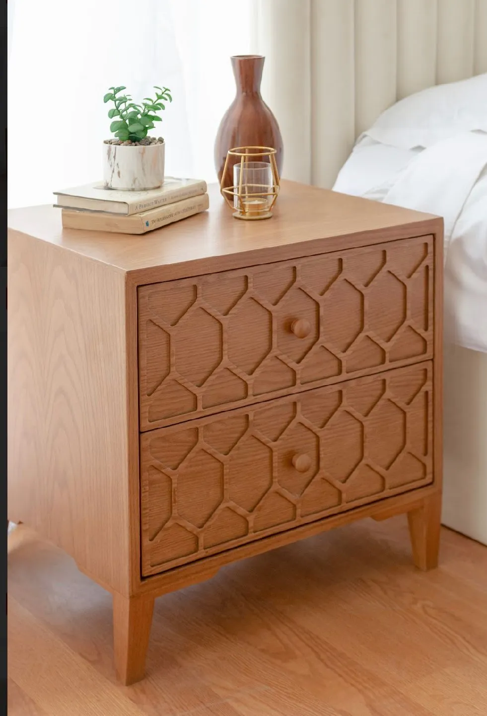 Beehive Nightstand - Natural Oak Wood - 2 Drawers 1