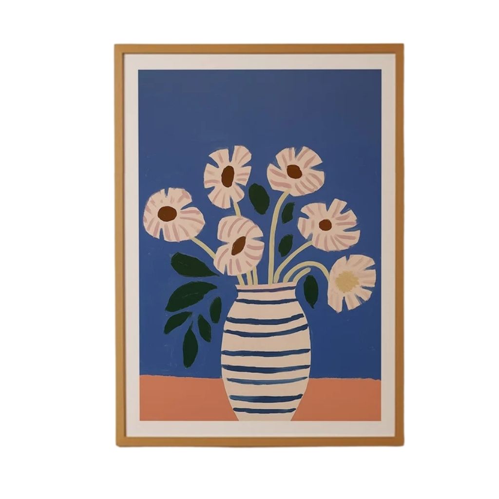 Colorful Floral Vase Artwork – Bold Blue and Terracotta Background 0