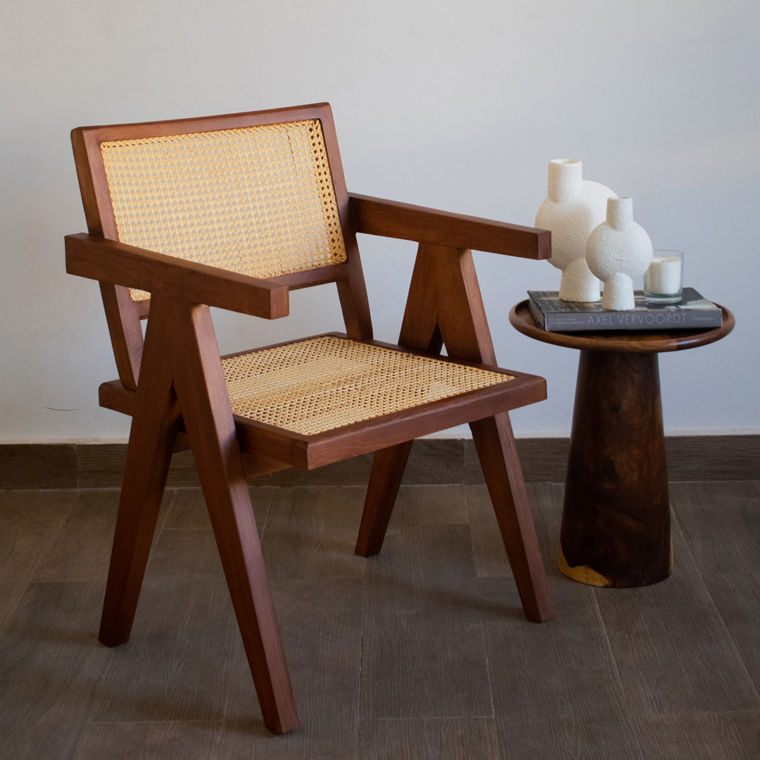 Brown Lounge Chair In Beech Wood & Handwoven Cane 0
