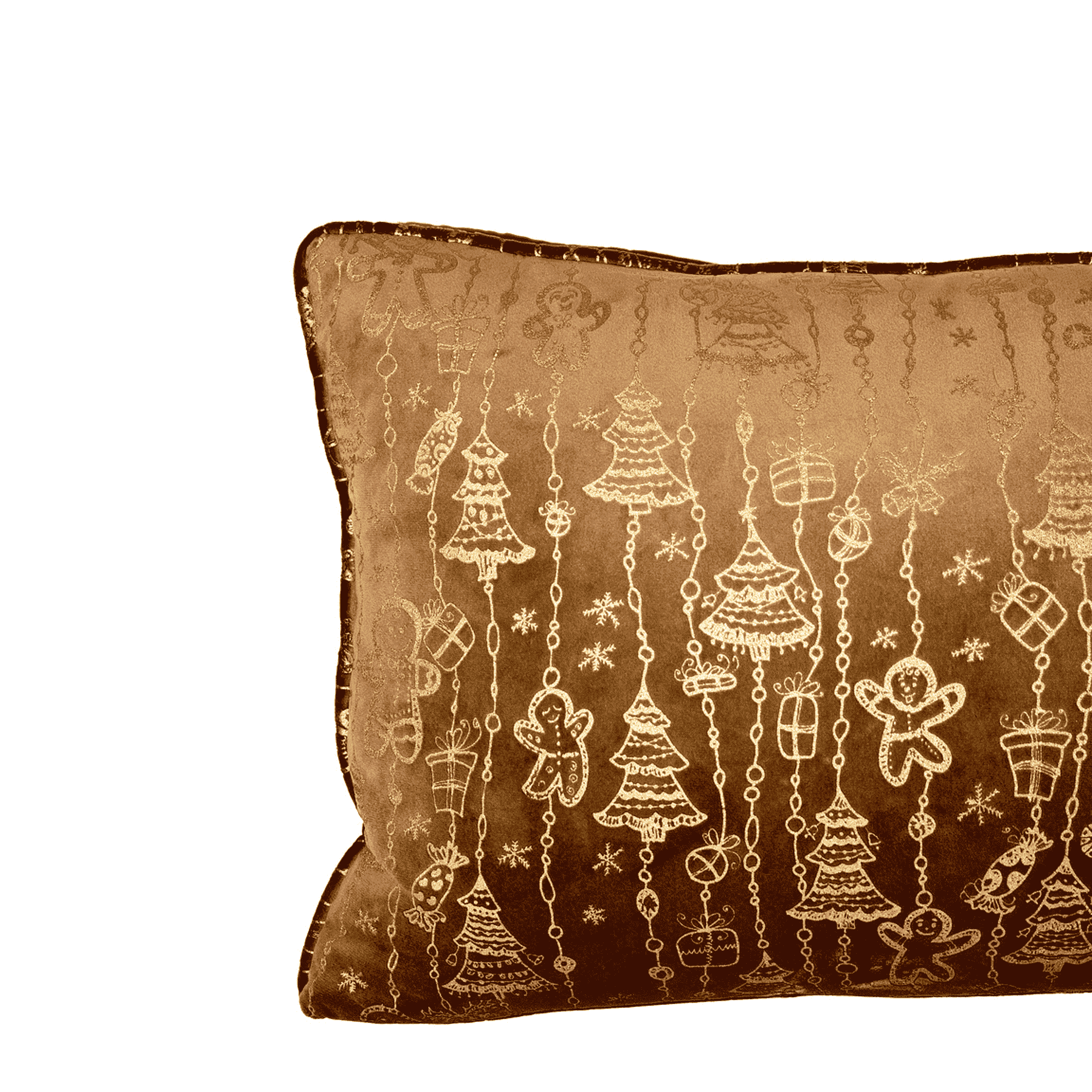Christmas-Themed Velvet Cushion – Festive Gold Patterns With Beige Back 1