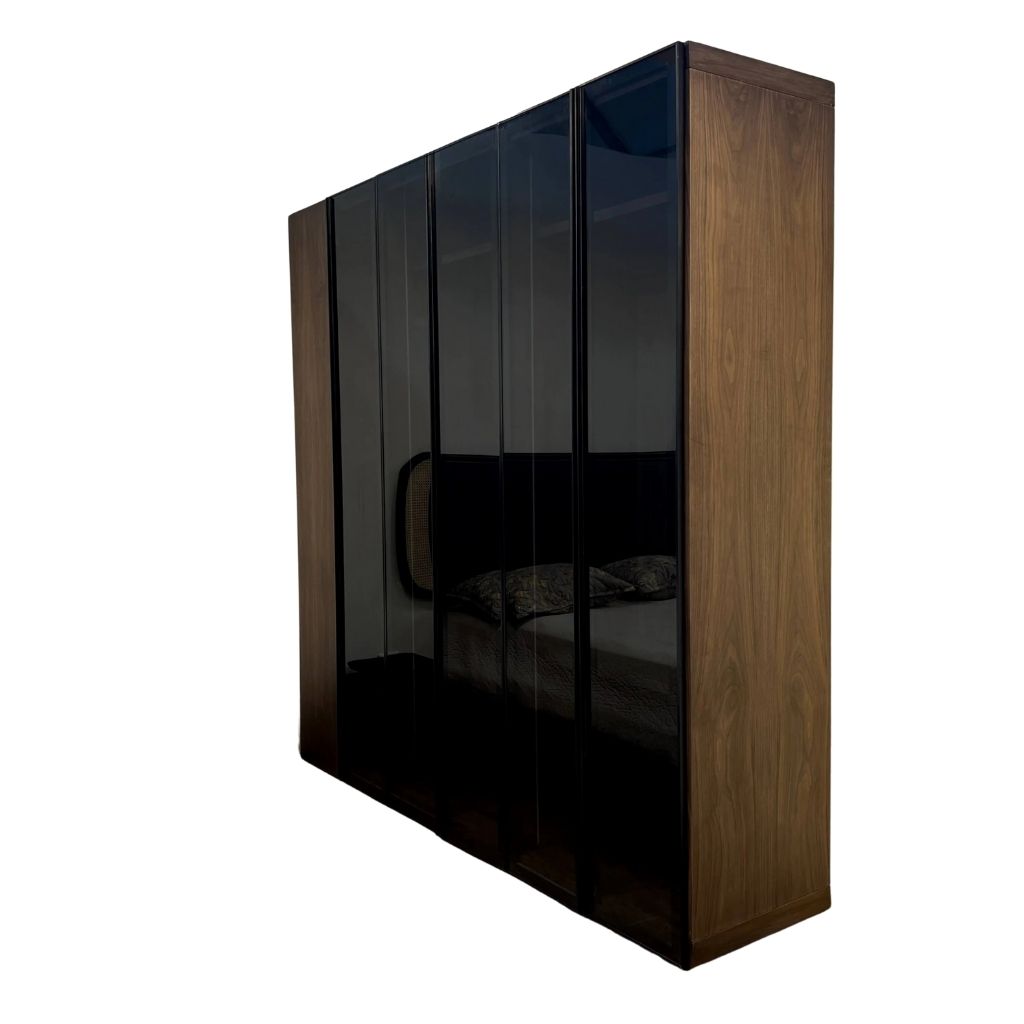 Walnut Wardrobe With Natural Veneer and Black Glass 0
