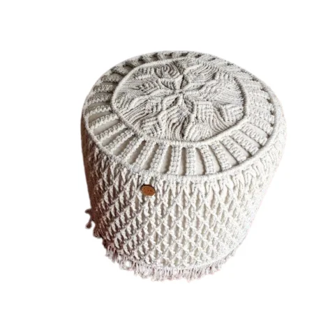 Macrame Large Pouf - Round Design - Beech Wood Frame 0