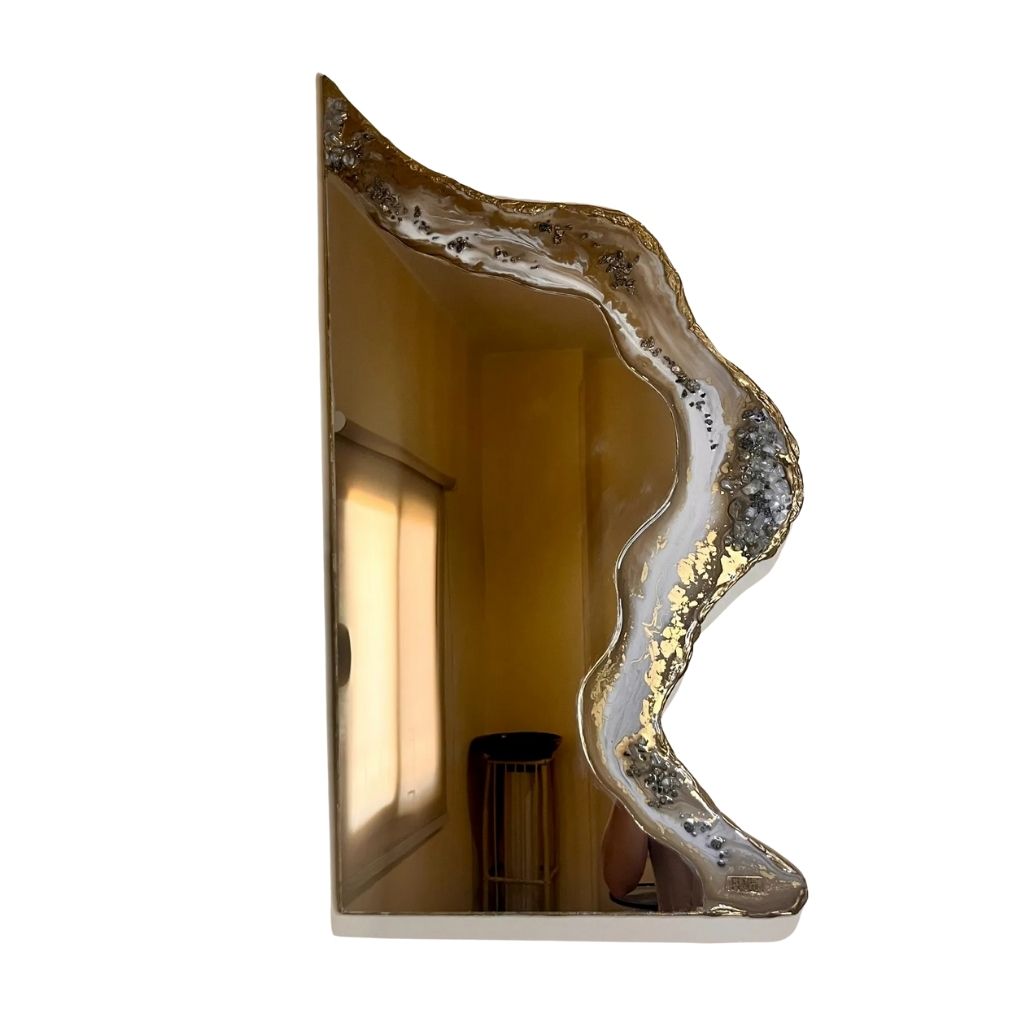 White & Gold One-Sided Mirror – Crafted with Epoxy and Crystal Accents 0