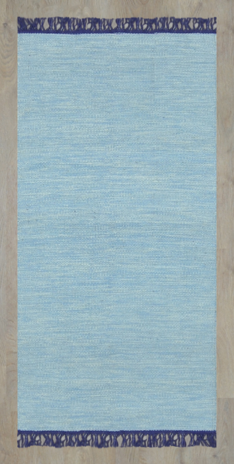 Handwoven Natural Wool Kilim – Light Blue With Dark Blue Fringe 0