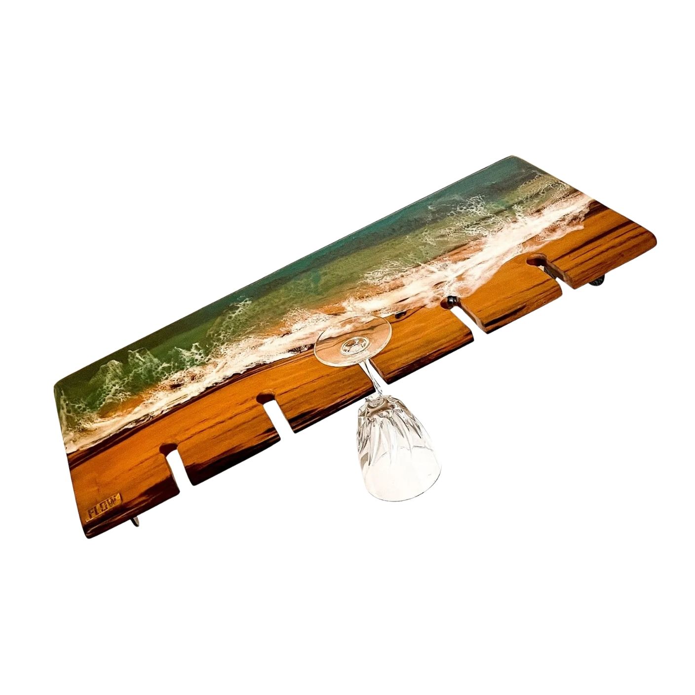 Green Sea Epoxy Shelf – Glass Holder on Oak Wood 3