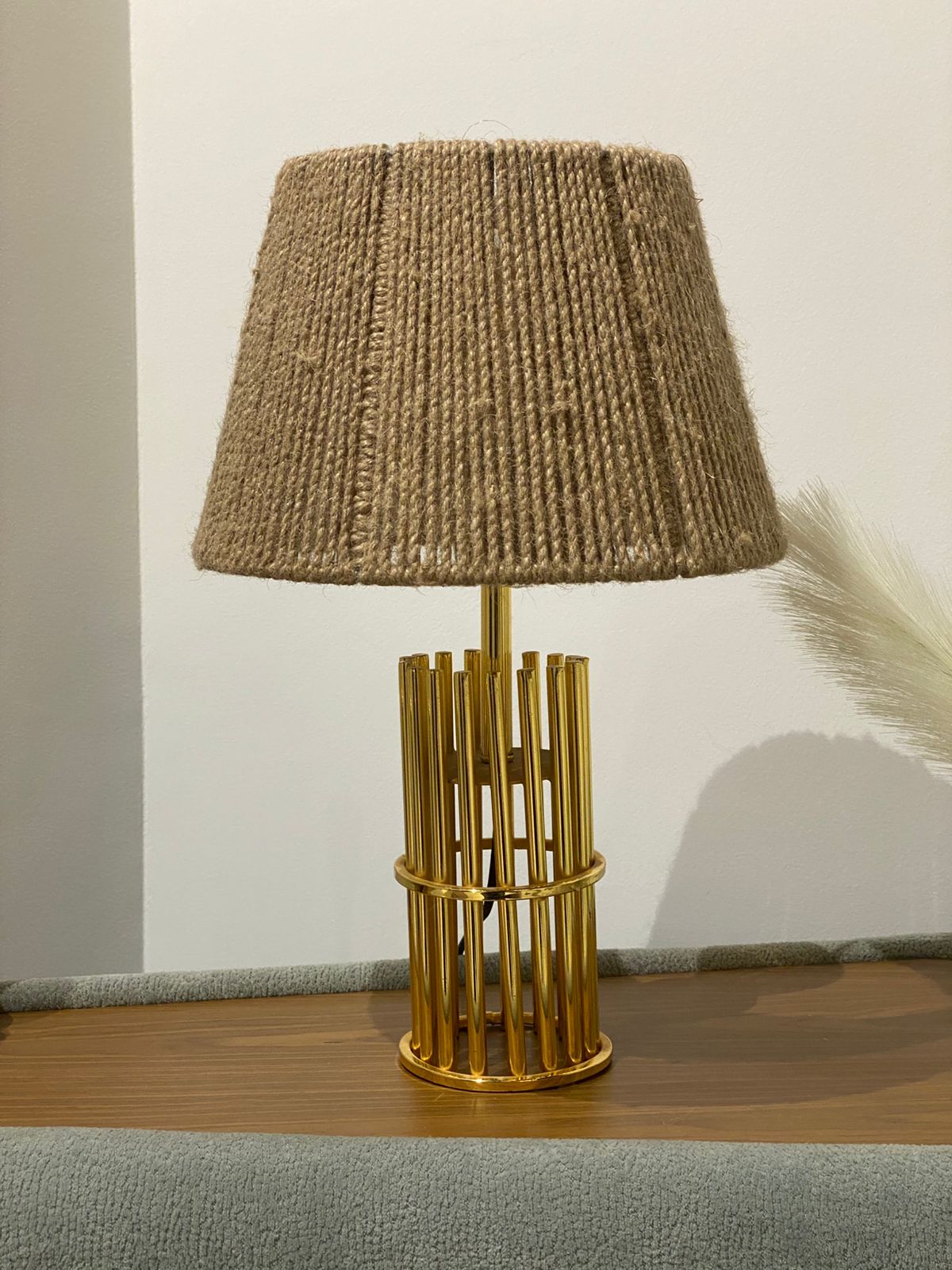 Burlap Table Lamp - Jute Shade and Stylish Gold Rod Base - TBM04 2