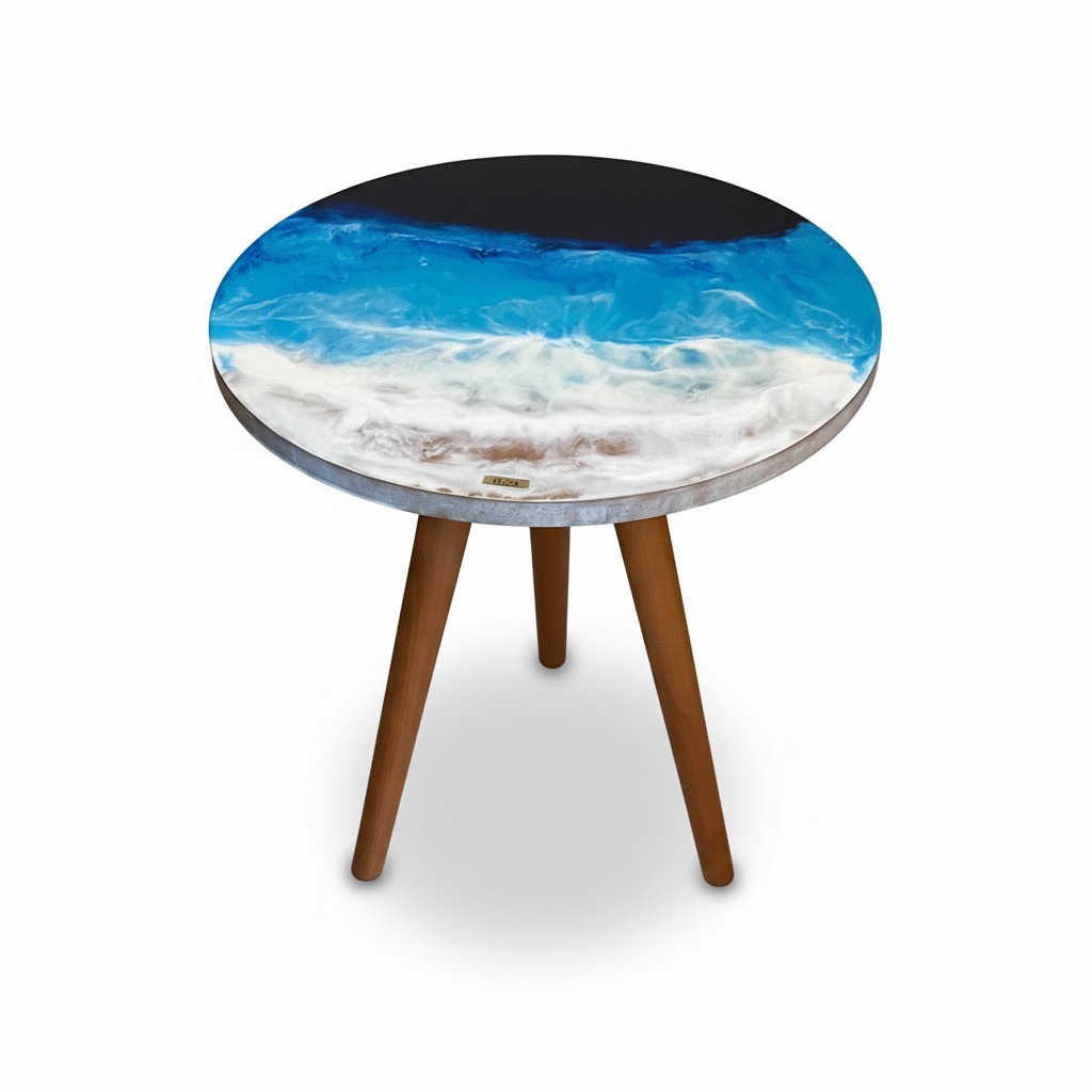 Round Seascape Wooden Side Table 0