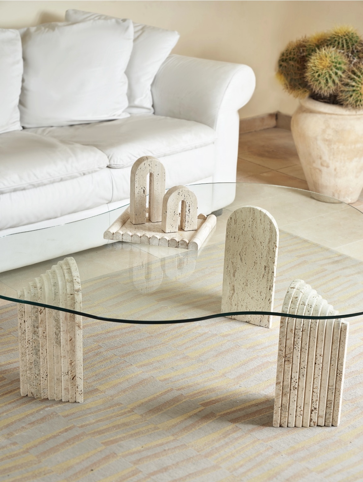 Travertine Marble Coffee Table & Glass Top - Organic Design 0