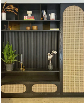 Black Wood TV Unit With Golden Steel and Cane Details 0