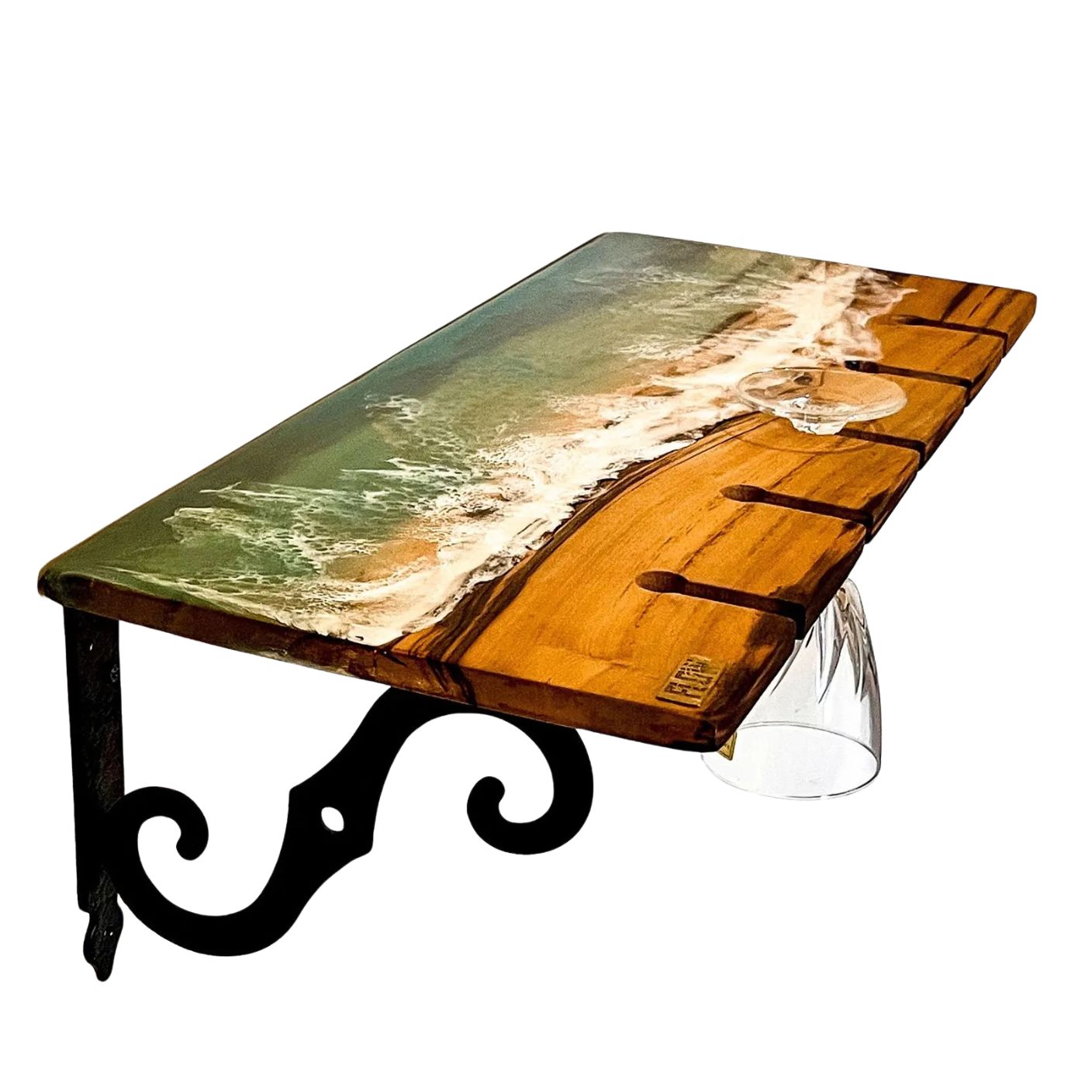 Green Sea Epoxy Shelf – Glass Holder on Oak Wood 0