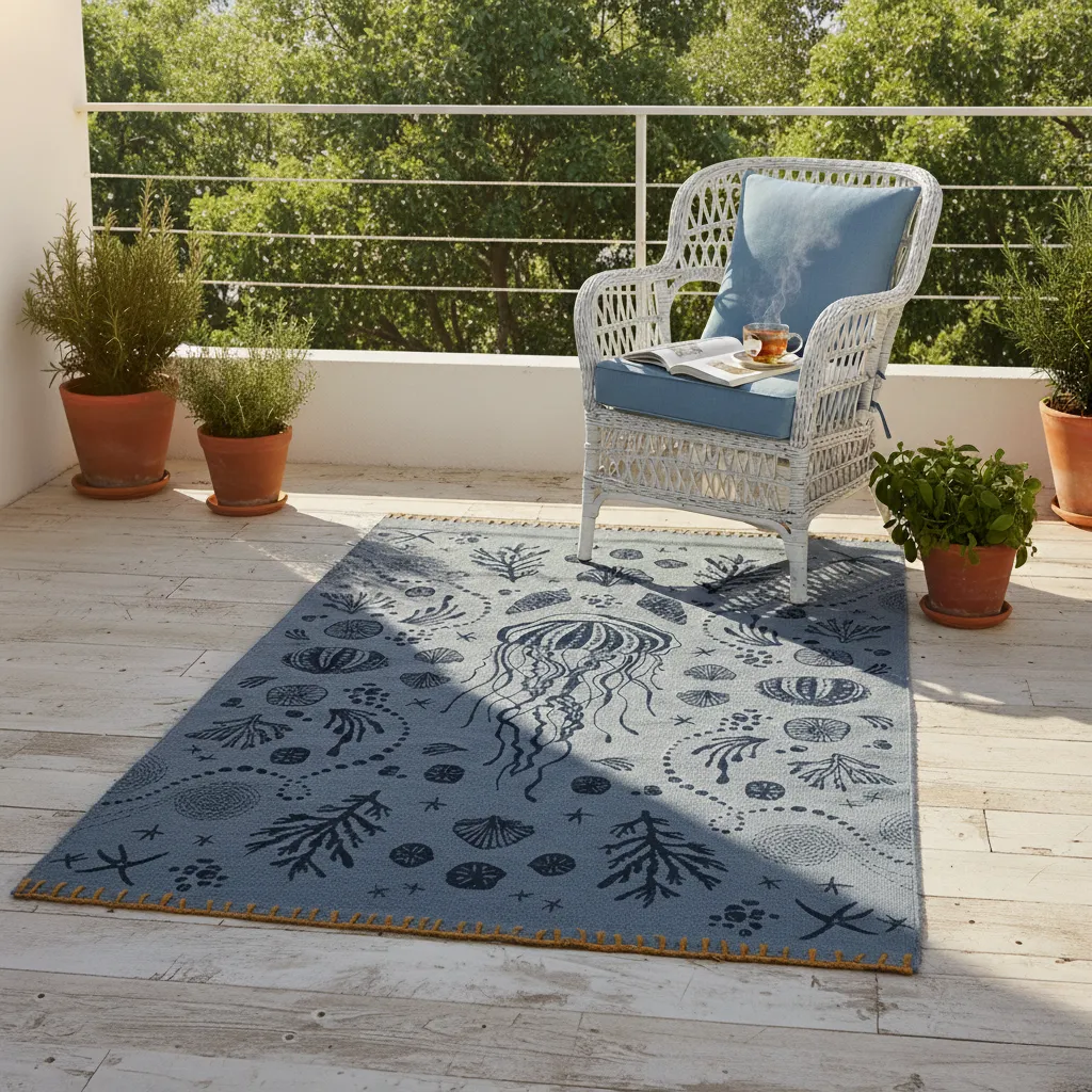 Handwoven Navy Marine Cotton Kilim Rug – Jellyfish and Sea Motif 2