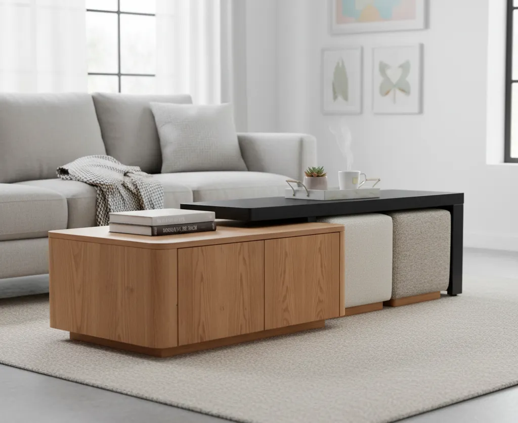 Mellow Coffee Table with Hidden Storage & 2 Poufs 8