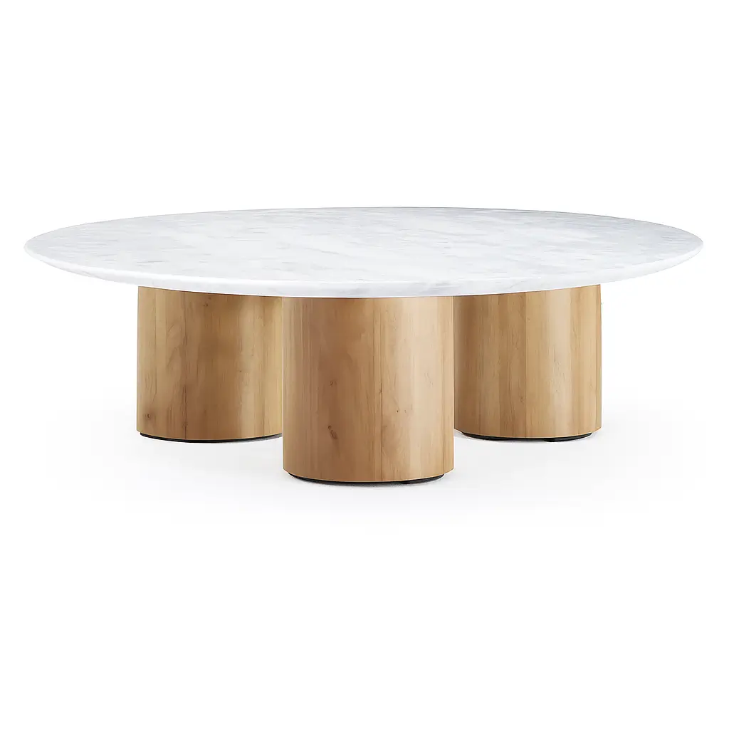 Theo Round Coffee Table With Marble Top & Wooden Legs 0