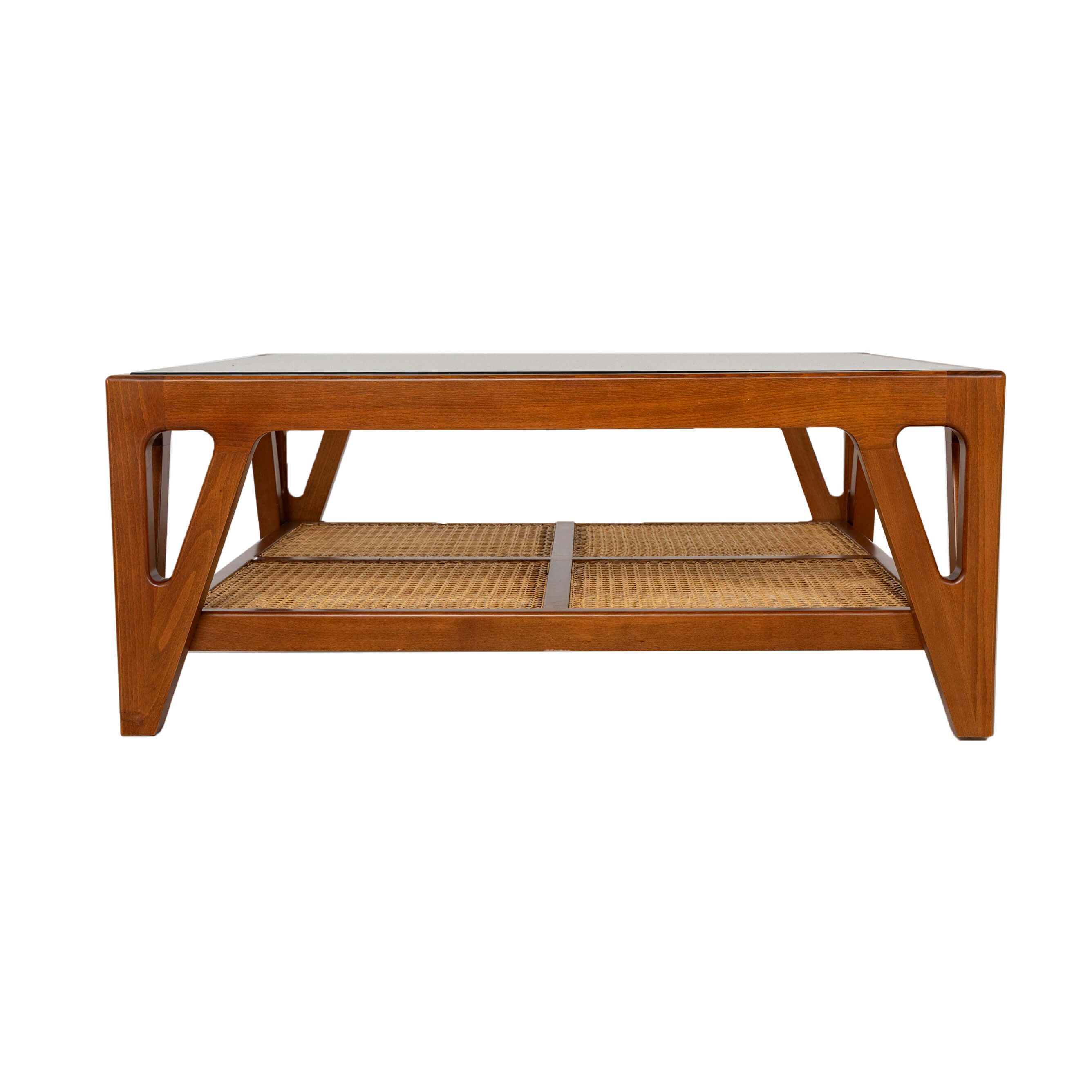 Jens Beech Wood Coffee Table With Glass Top and Cane Shelf 0