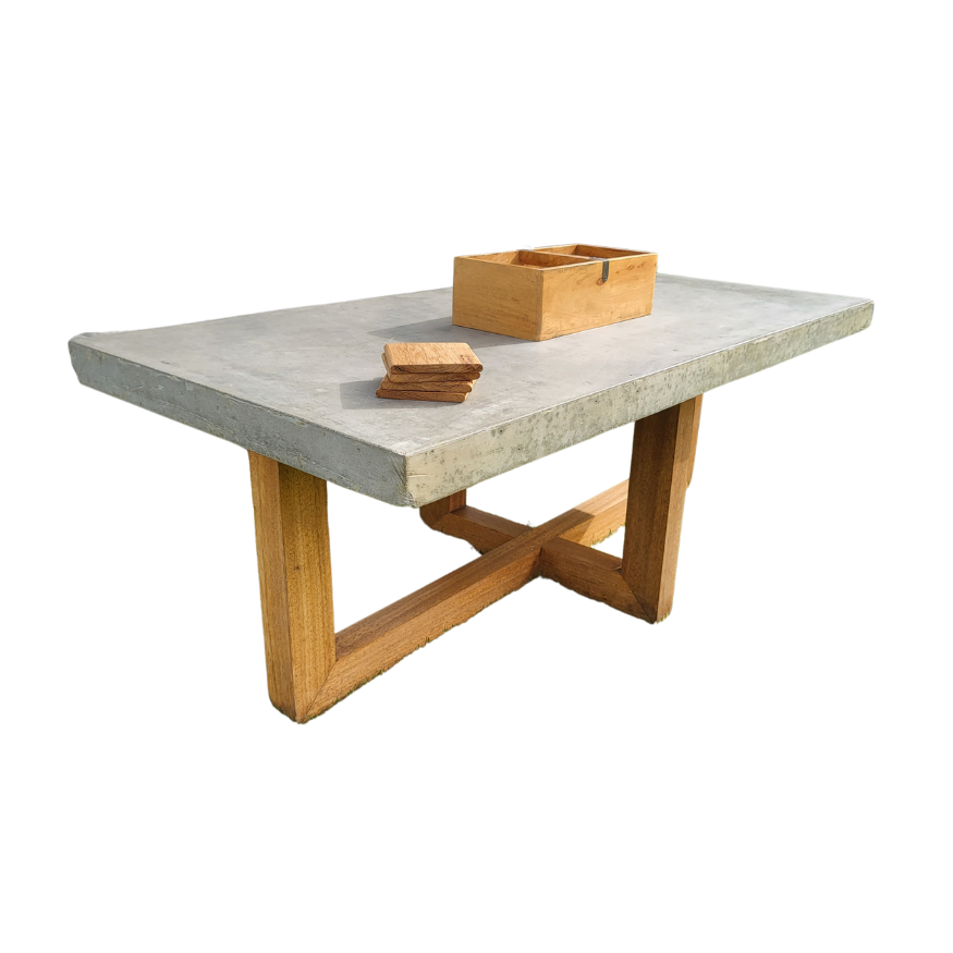 Rectangular Concrete Coffee Table - Solid Teak Wood Legs 0