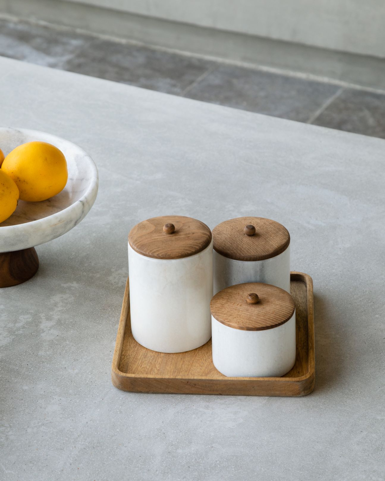Clea Marble Jars with wooden lids. 0