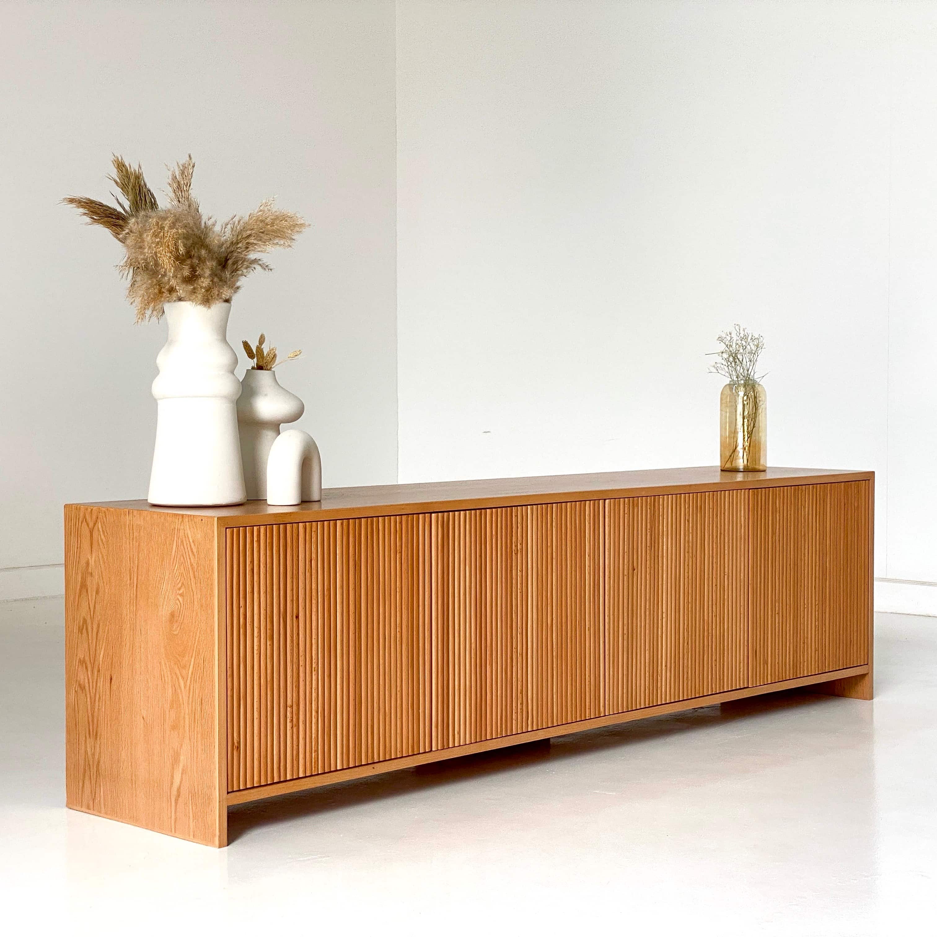 Fluted Beech Wood and Natural Oak Veneer TV Unit 1