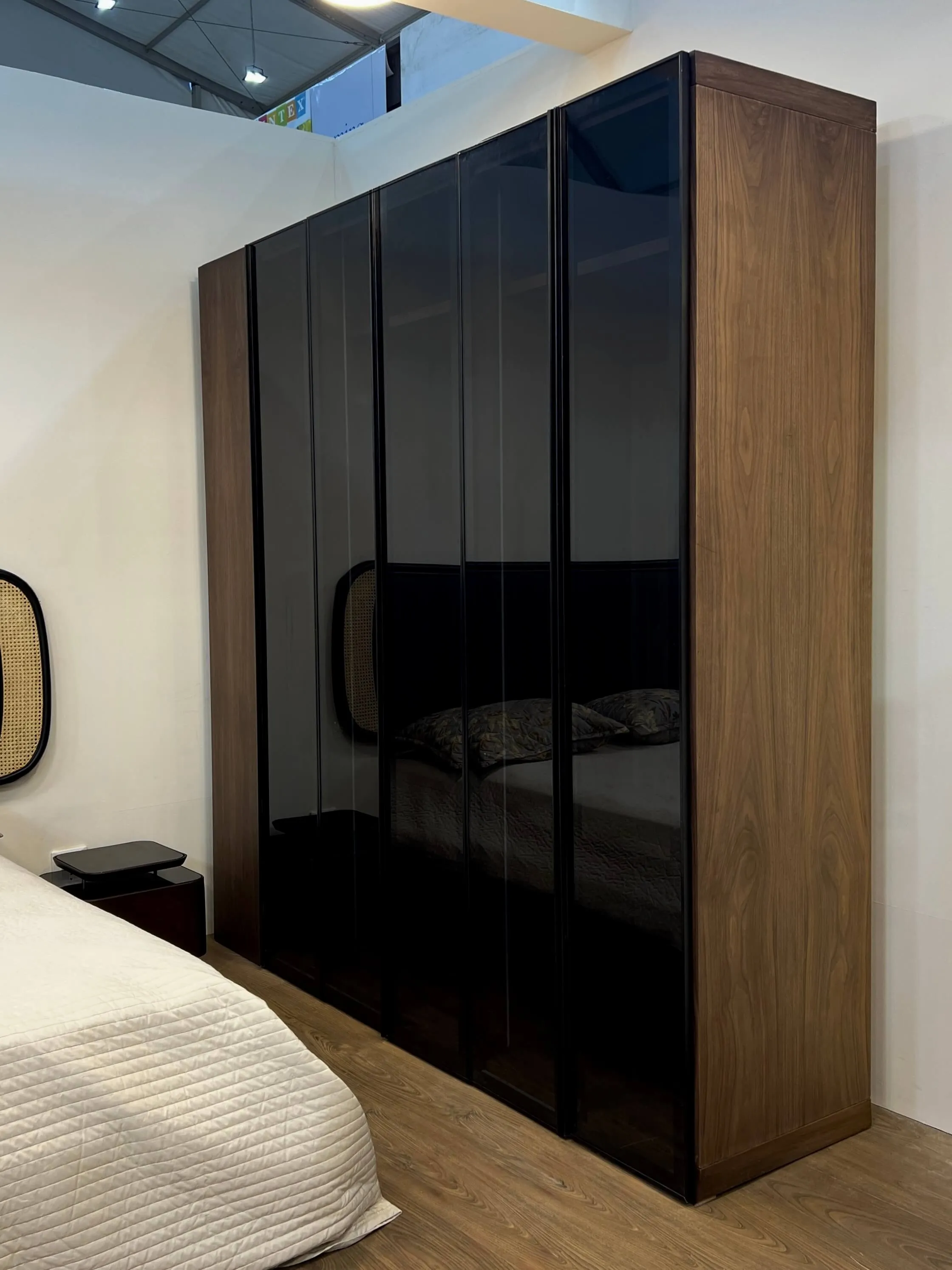 Walnut Wardrobe With Natural Veneer and Black Glass 1