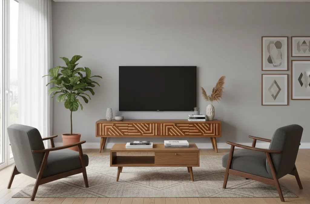 Geo Handcrafted TV Unit With 4 Drawers In Quality Wood 3