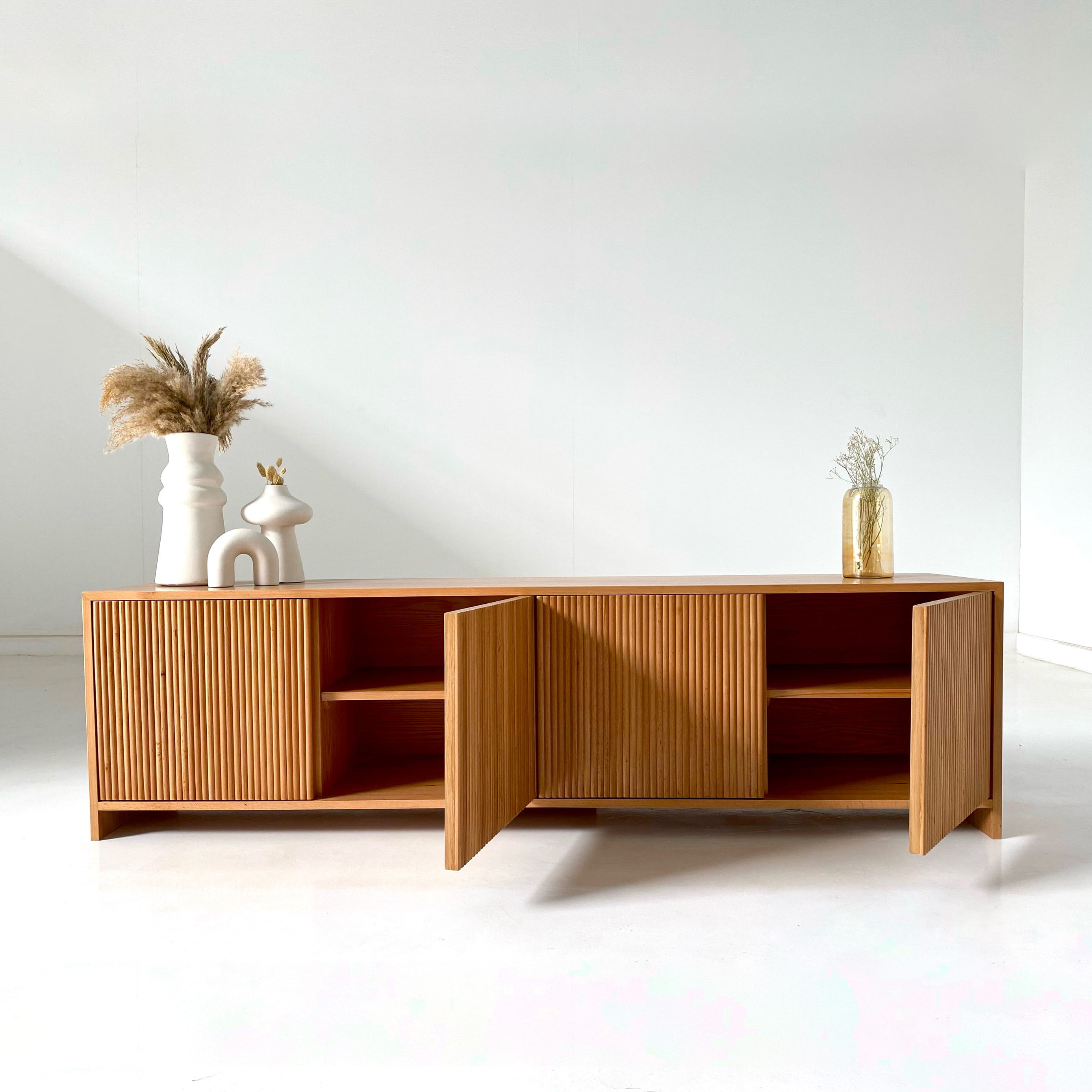 Fluted Beech Wood and Natural Oak Veneer TV Unit 2