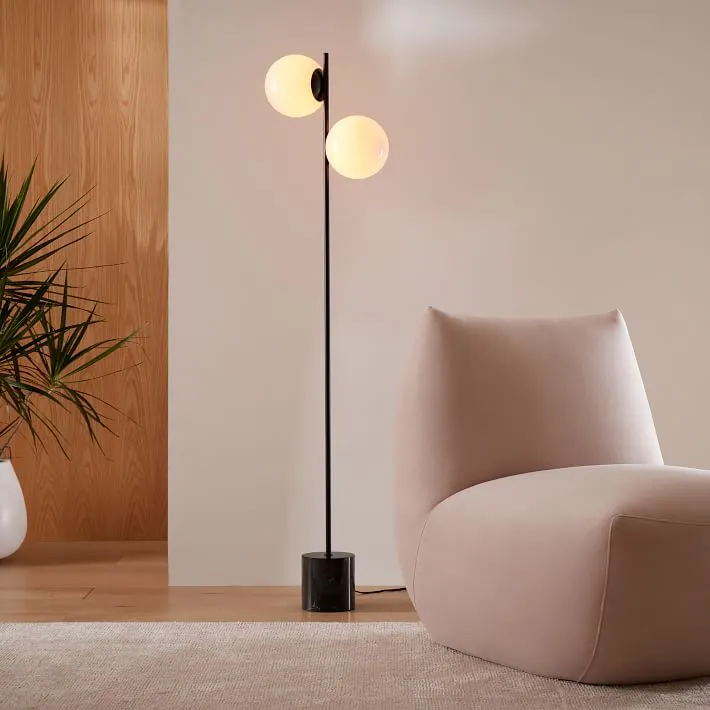 Modern Black Steel Floor Lamp With Marble Base and 2 Opal Globes - YL749 1