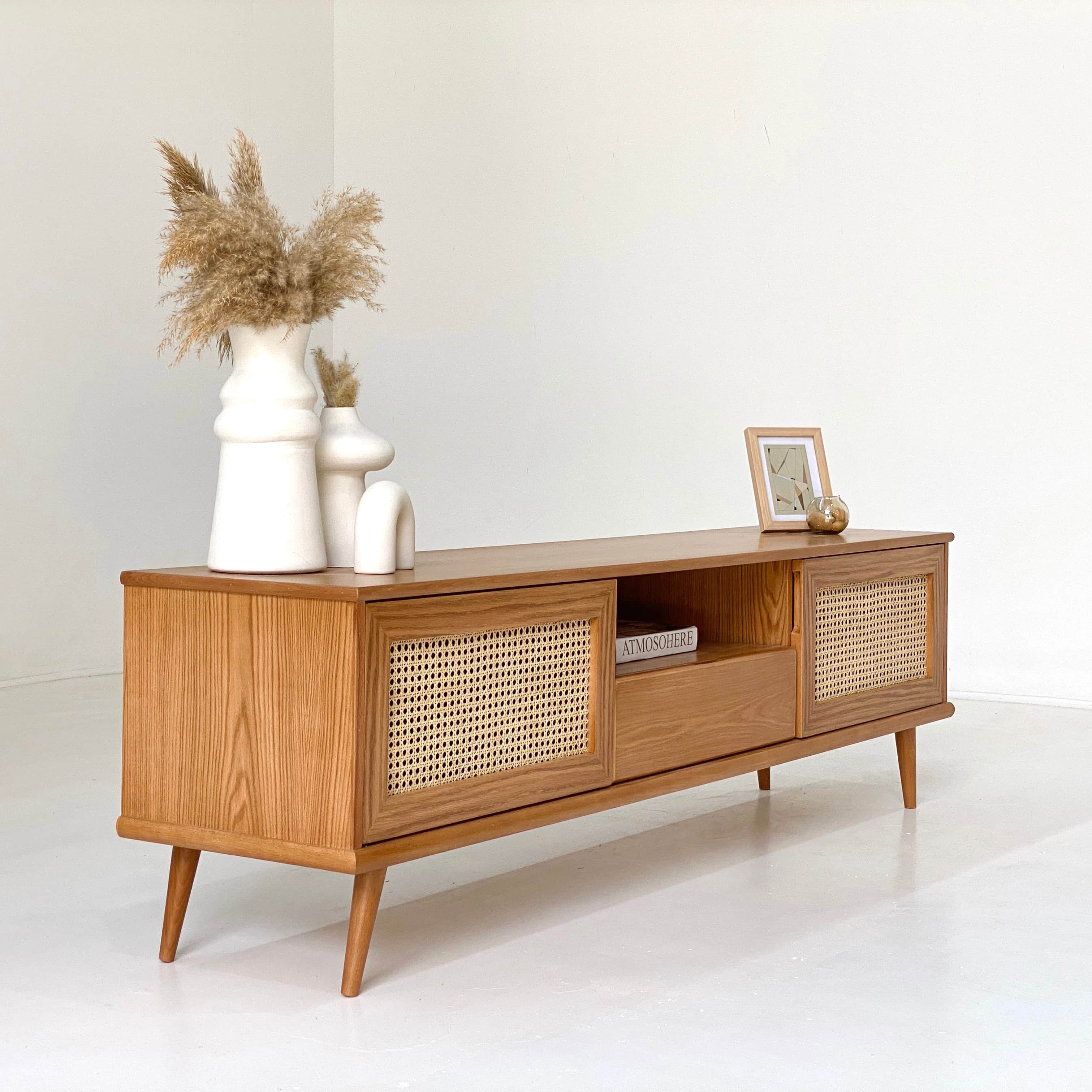 Japanese Beech Wood TV Unit With Rattan Accents and Oak Veneer 1