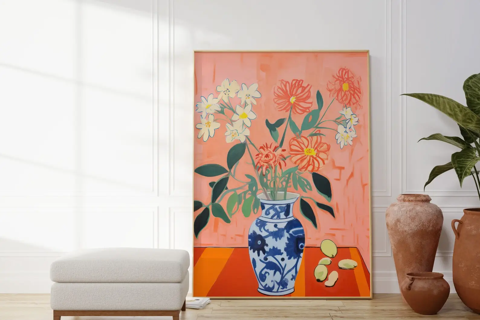 Floral Vase on Coral Background Print – Colorful Modern Wall Art 1
