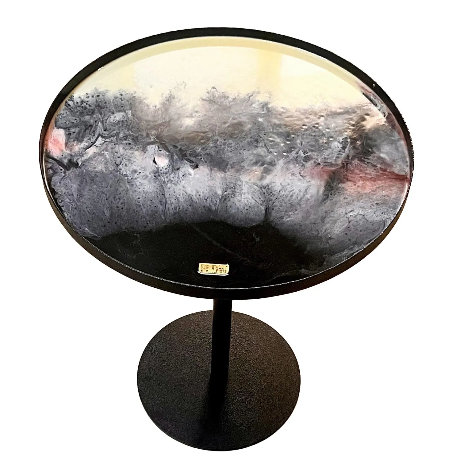 Cream and Black Epoxy Side Table – A Unique Blend of Artistic Resin and Steel Base 1
