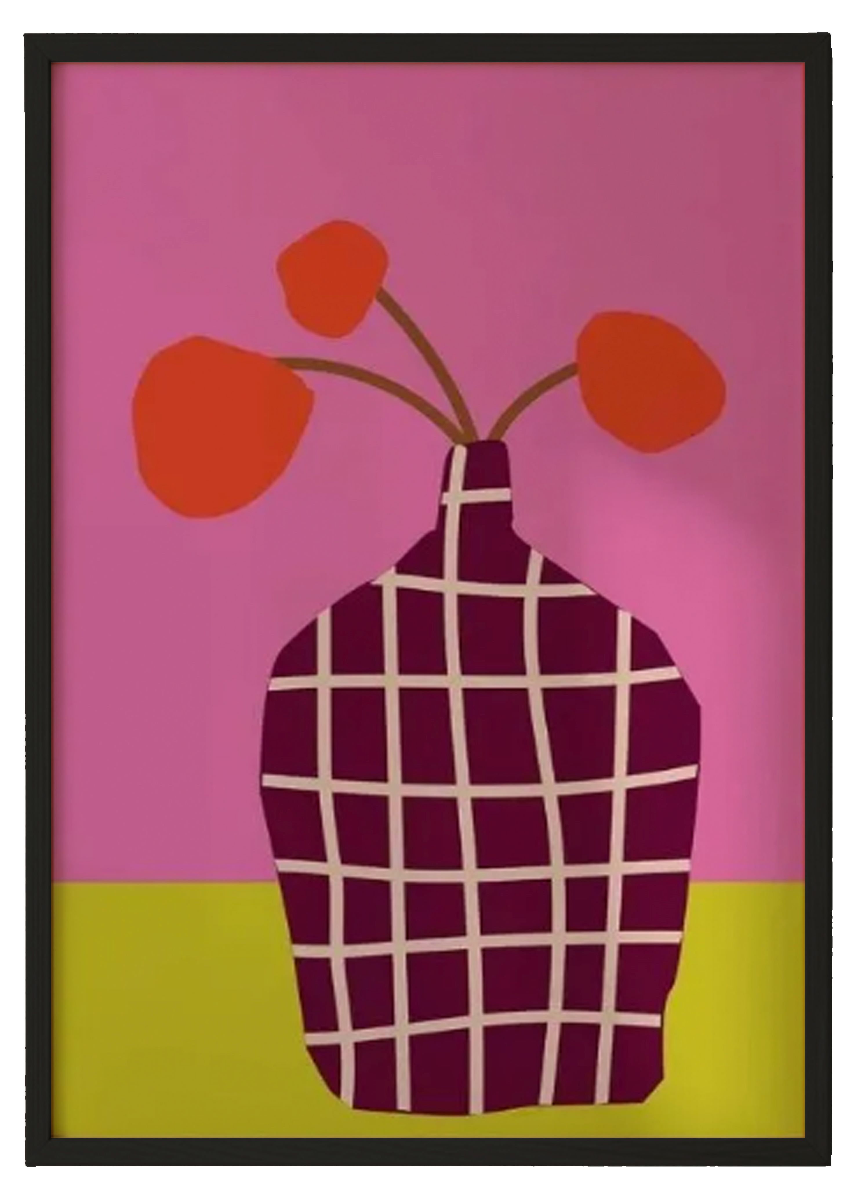 Abstract Still Life Artwork – Bold Checked Vase on Pink and Yellow Background 0