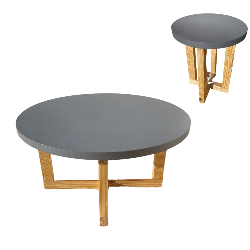 Concrete Round Tables - 2 pieces - With Wooden Legs 0
