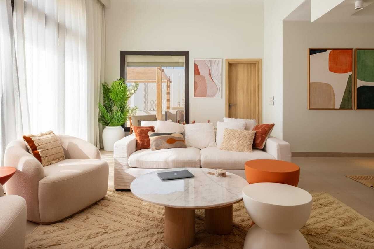 Theo Round Coffee Table With Marble Top & Wooden Legs 1