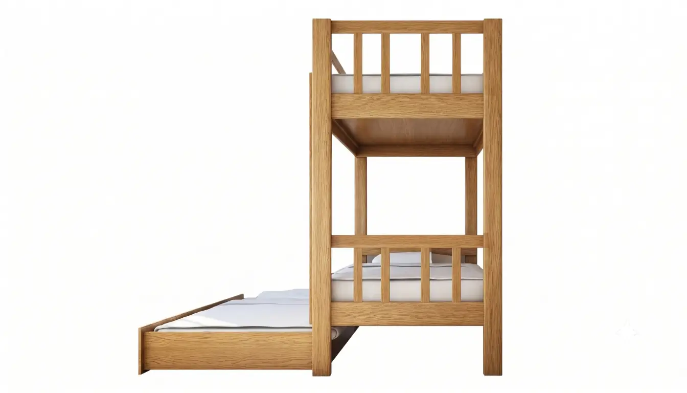 Beech Bunk Bed With Vertical Rails And Pull-Out Bed