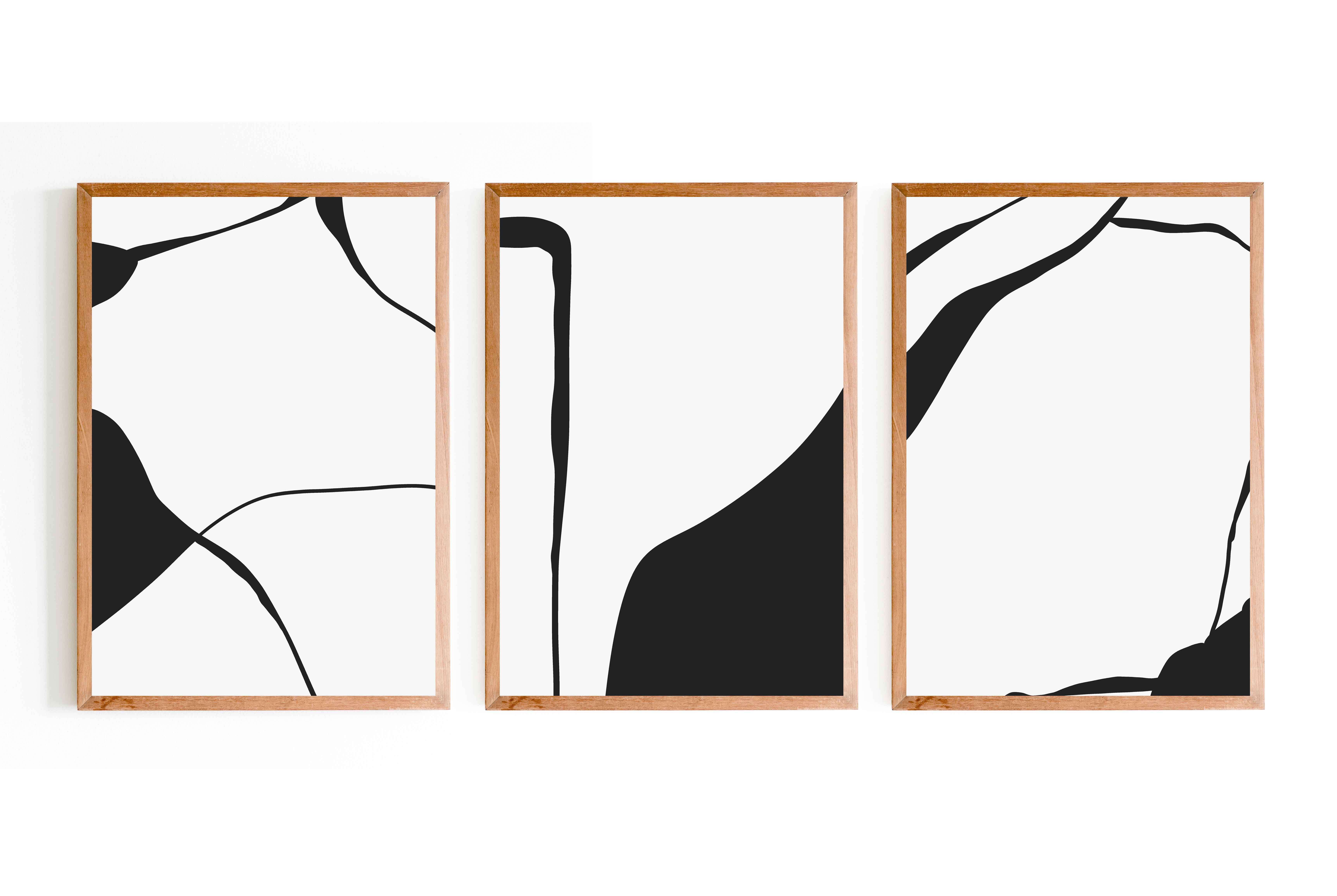 Abstract Black & White Printed Artwork With Wooden Frame - Set of 3 0