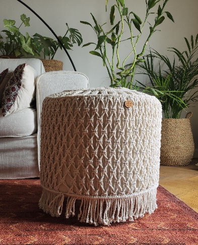 Macrame Large Pouf - Round Design - Beech Wood Frame 2