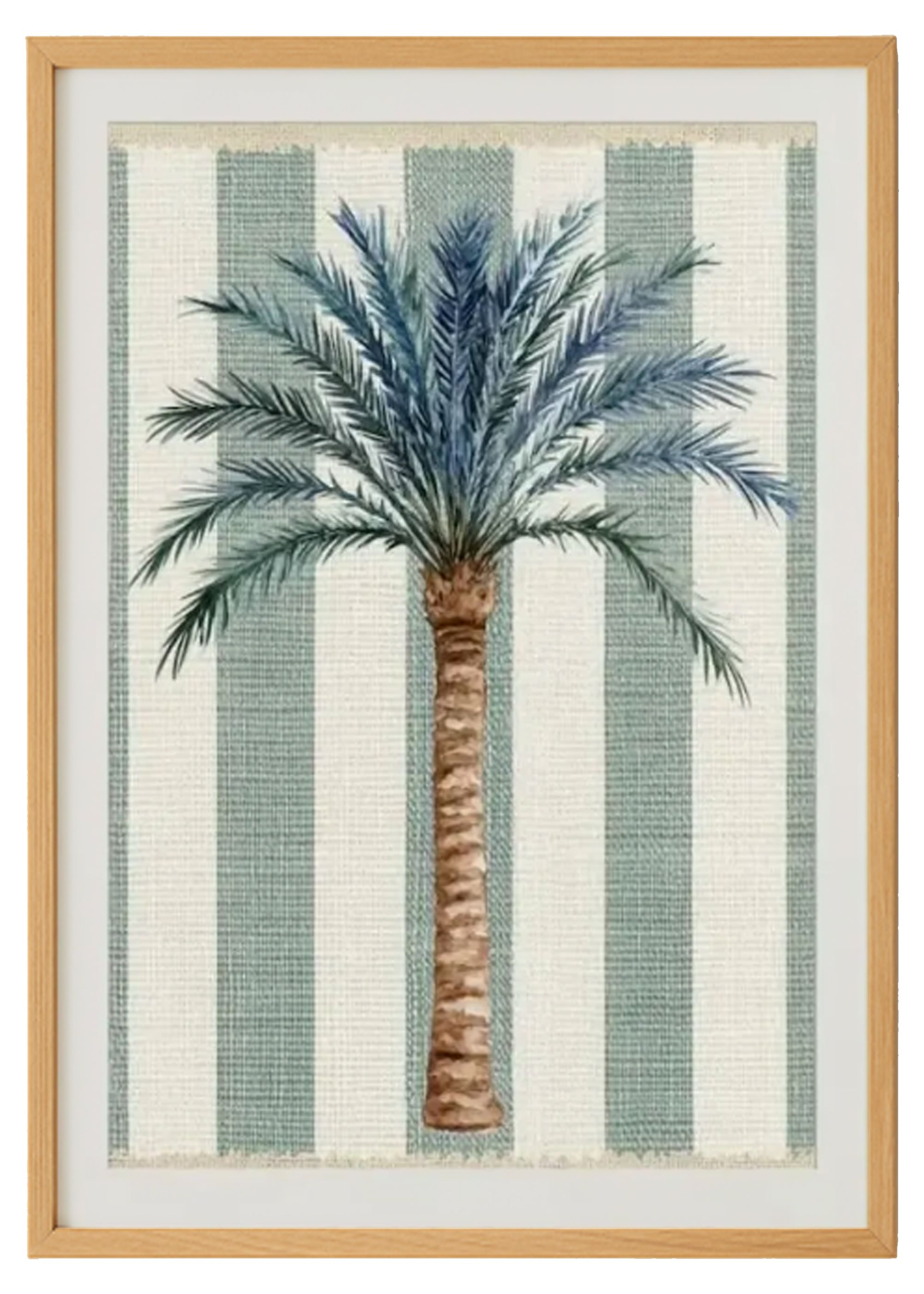 Palm Tree Blue on Textured Stripes Print – Coastal Inspired Wall Art 0