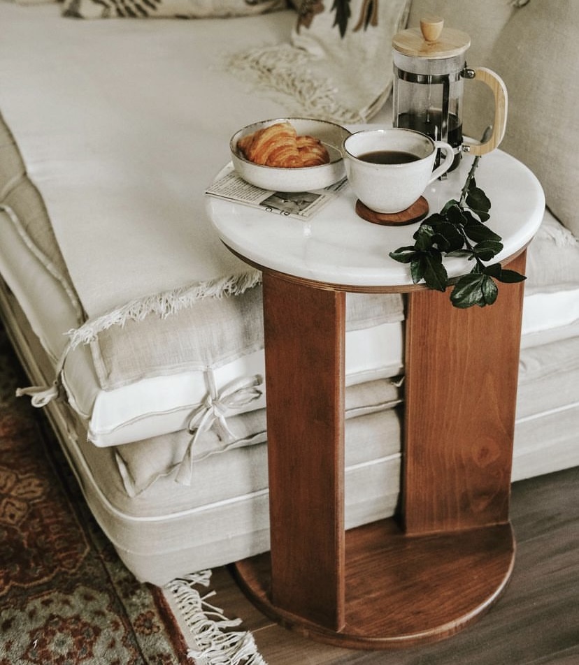 Becky Marble Side Table - Natural Beech Wood - Round 0
