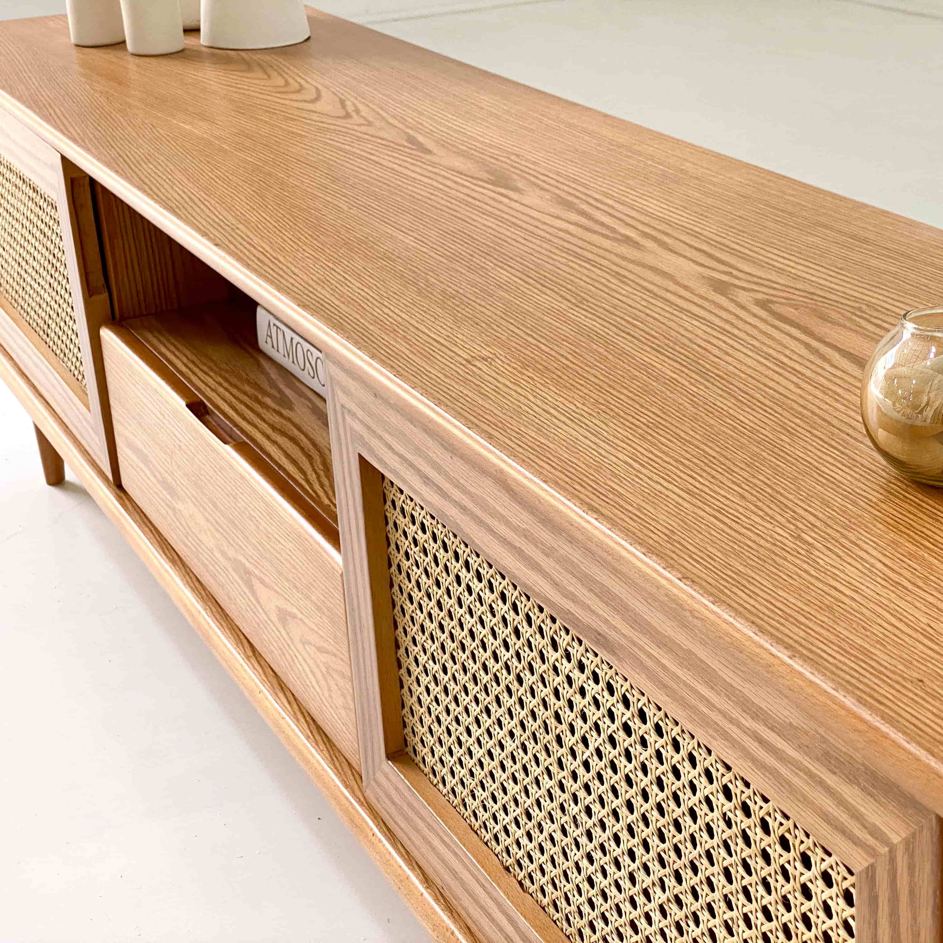 Japanese Beech Wood TV Unit With Rattan Accents and Oak Veneer 4