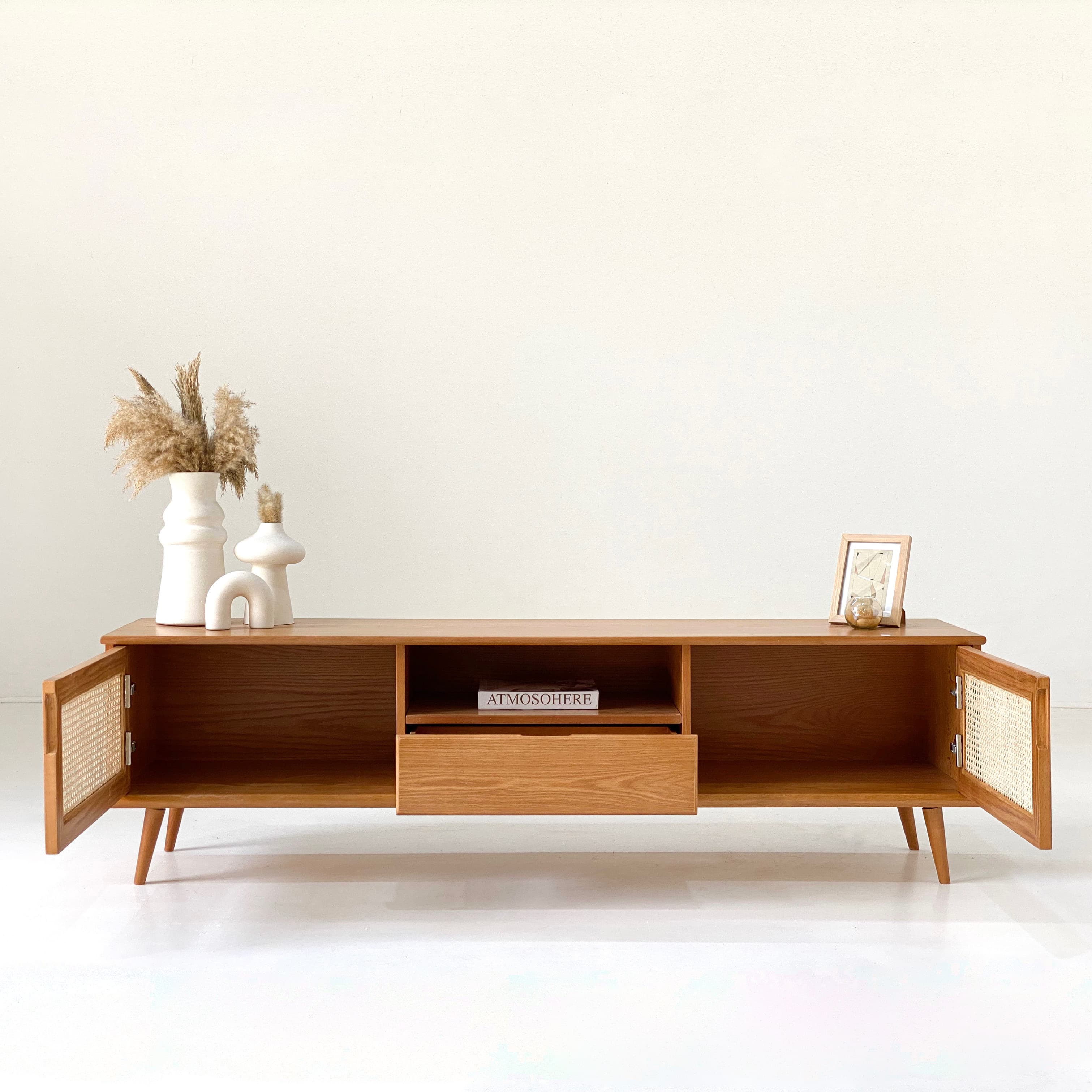 Japanese Beech Wood TV Unit With Rattan Accents and Oak Veneer 3