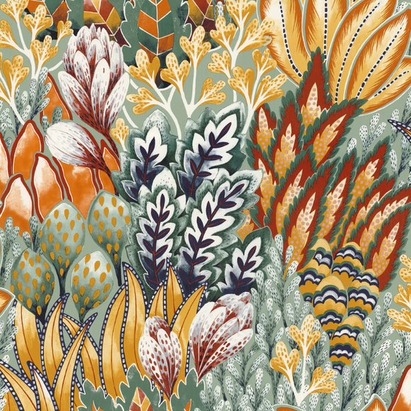 Casamance Wallpaper-Aviccenia(Emeraude/Moutarde) 0