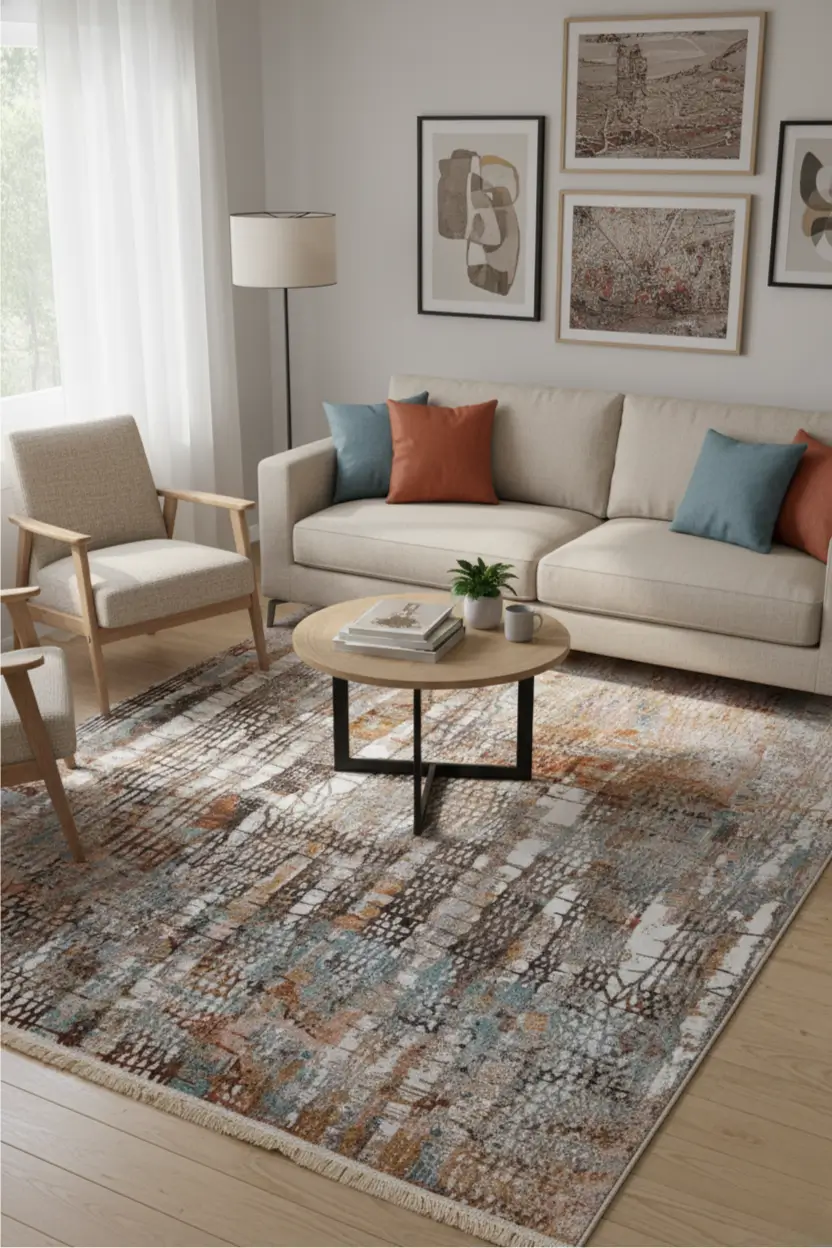 Famous Land - Abstract Modern Beige & Rust Carpet 1
