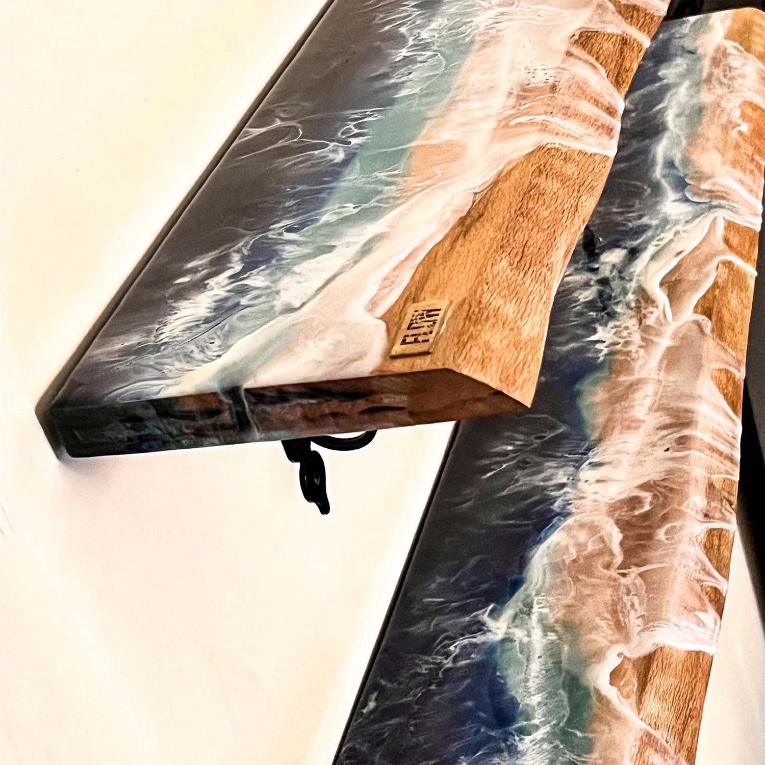 Epoxy on Beech Wood Coffee Corner Shelf Set of Two With Mug Hooks 4