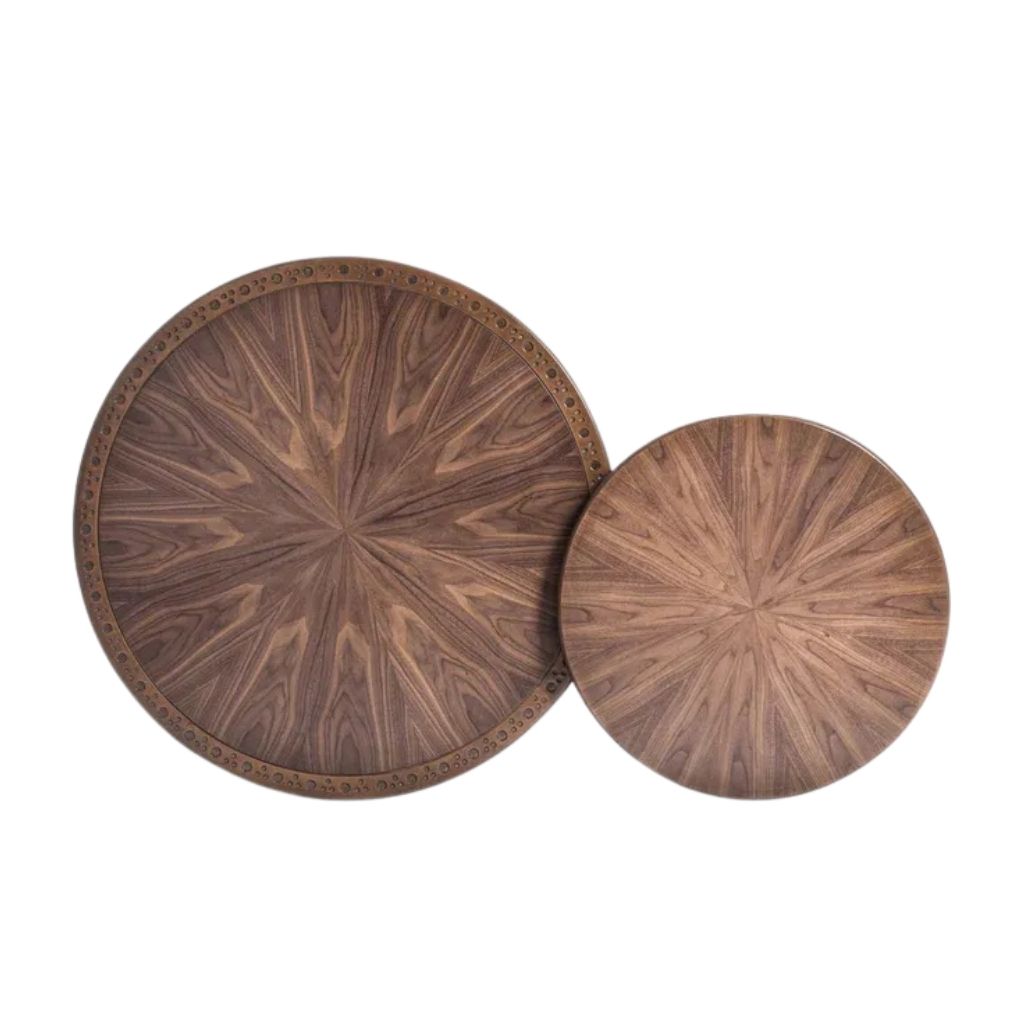 Dawayer Coffee Table - Walnut Sunburst Top with Carved Detail 1