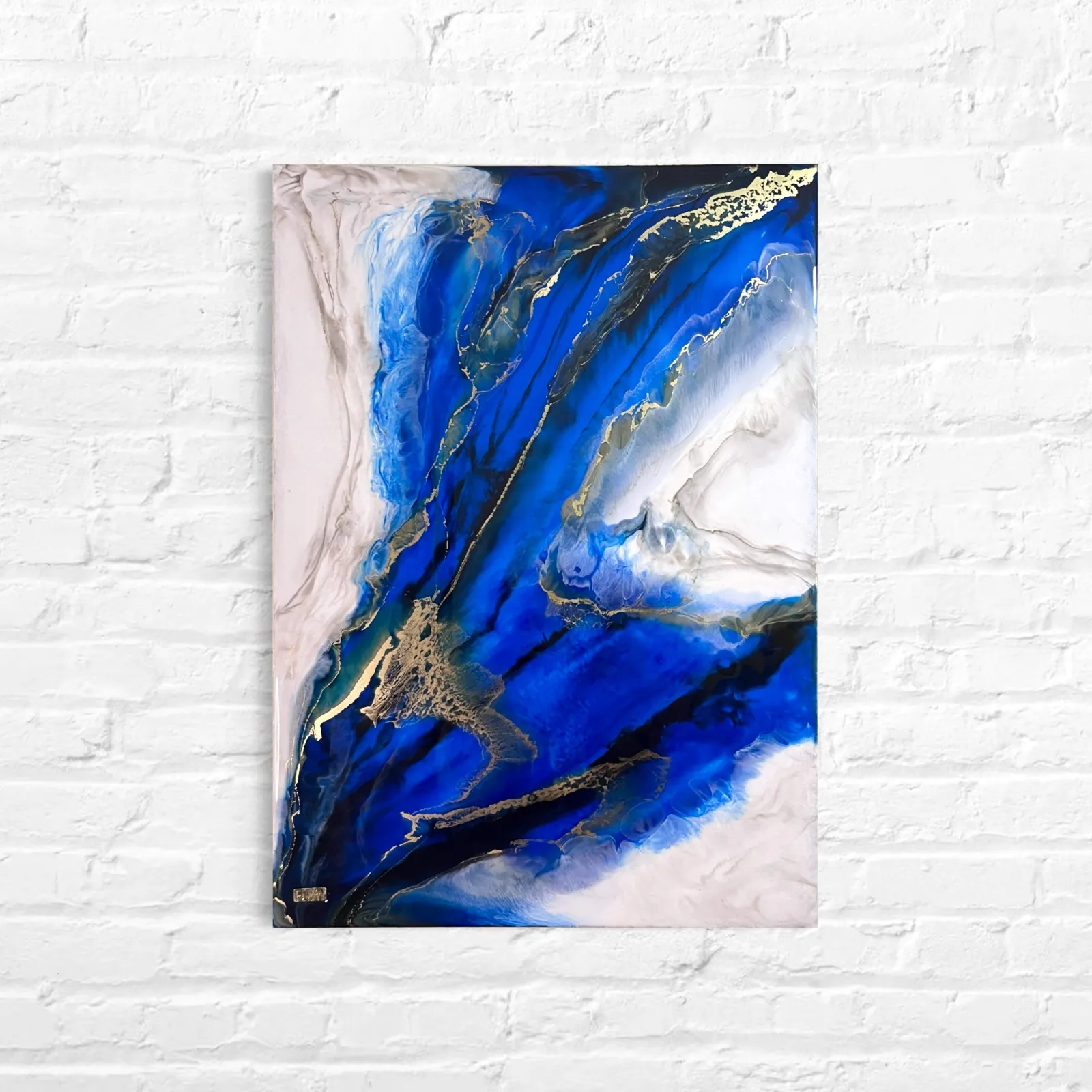 Blue and Gold Marble Epoxy Painting – A Touch of Handcrafted Elegance on Wood 1
