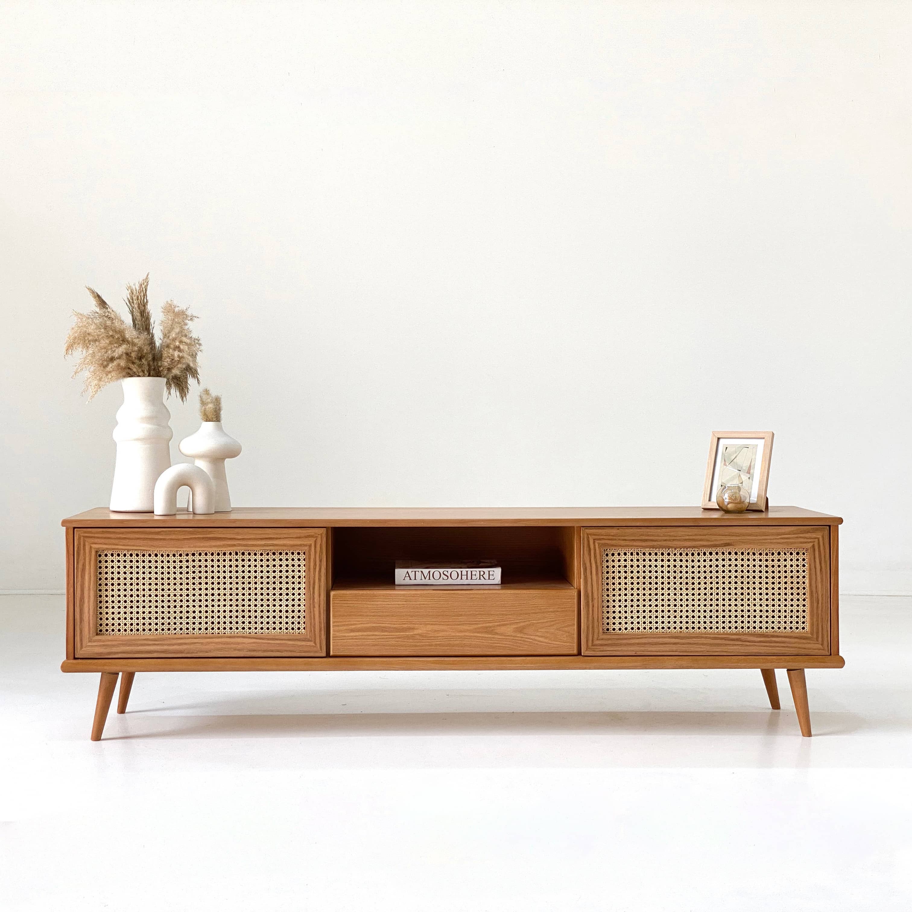 Japanese Beech Wood TV Unit With Rattan Accents and Oak Veneer 0