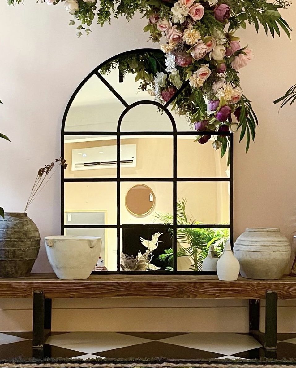 Marie Arched Windowpane Mirror with Black Metal Frame 0
